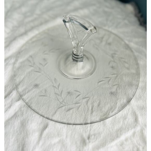 Vintage Tidbit 11” Serving Tray Dish Etched Glass Handle Floral Scallop Trim - Picture 7 of 16